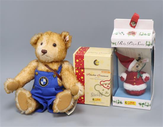 Steiff BMW bear, a Polar bear china ornament and Steiff Roly Poly Christmas ornament